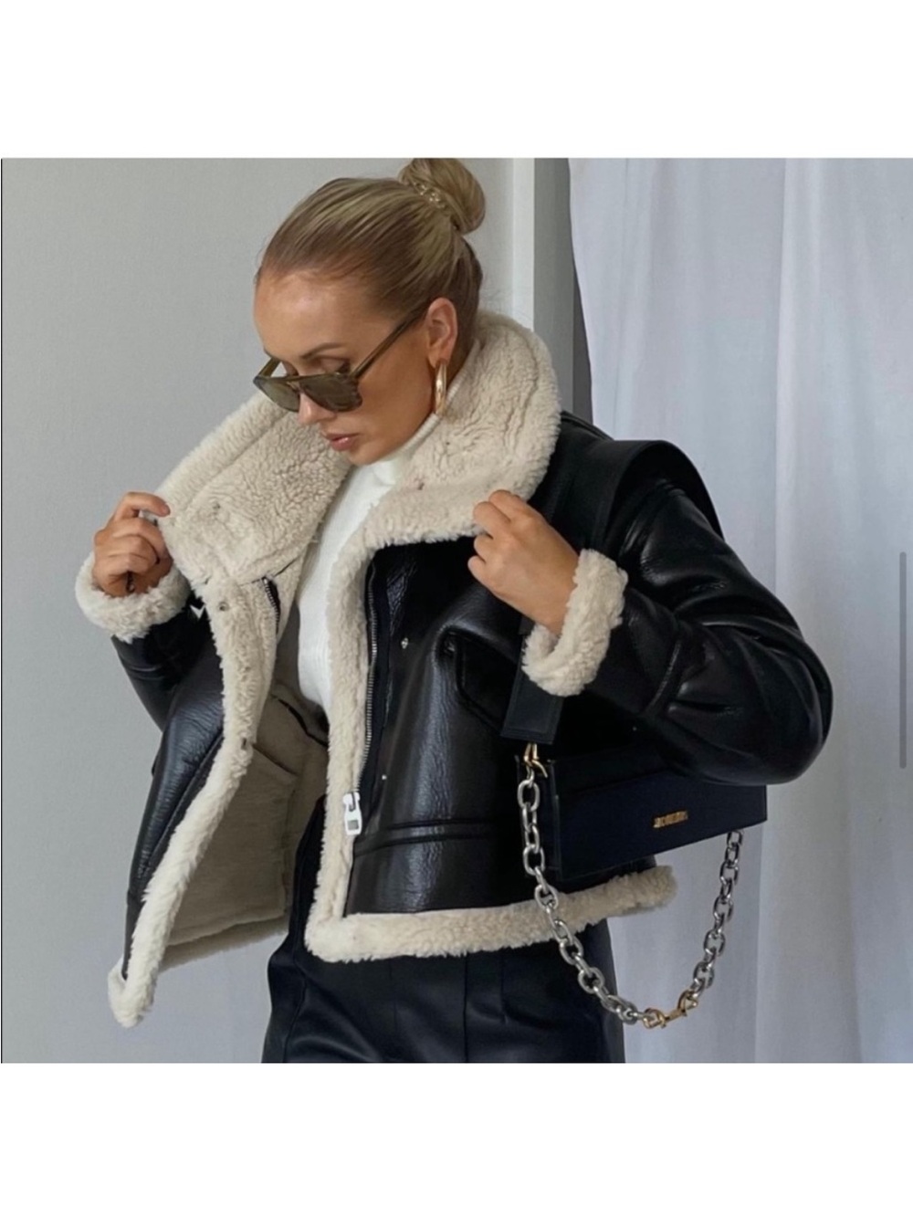 ZARA BLACK VEGAN LEATHER CREAM SHEARLING TRIMMED BIKER JACKET XS NWOT